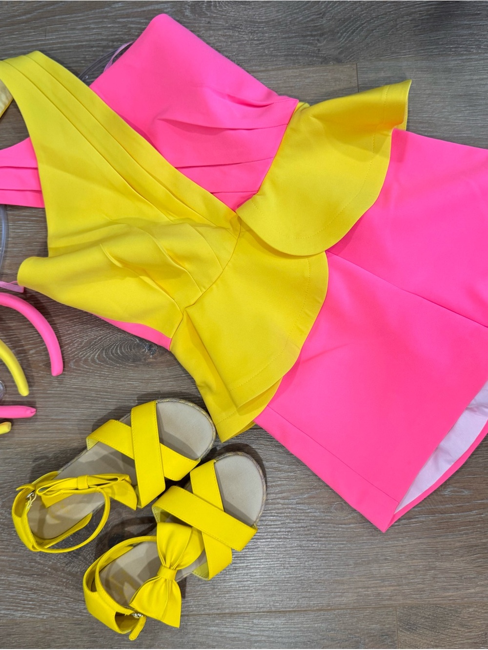 Girls Colorblock Peplum One-Piece Romper in Yellow and Hot Pink Custom Terskikh